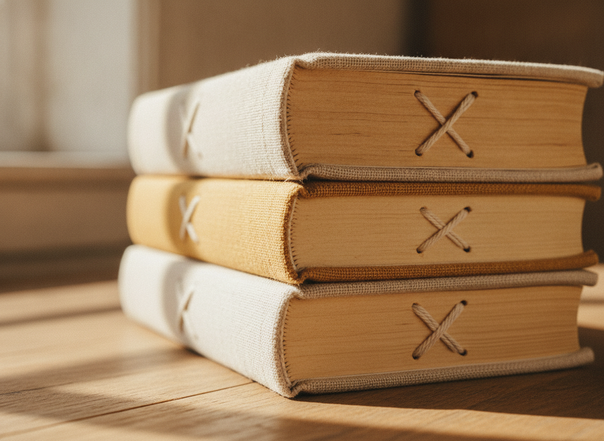 Стопка книг ручной сшивки: видны прошитые корешки и толстая бумага
