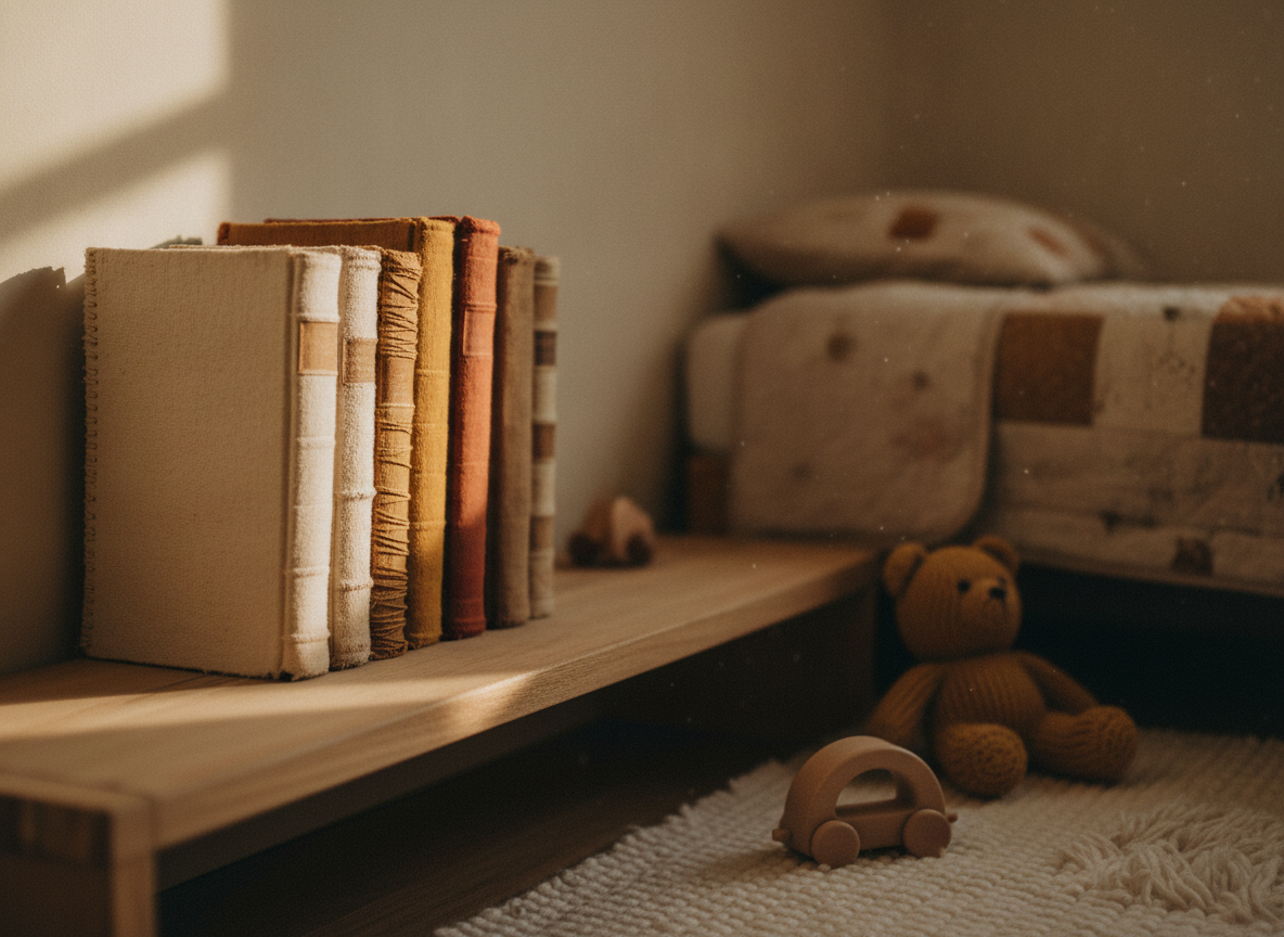 Полка в детской: ряд толстых книг ручной работы